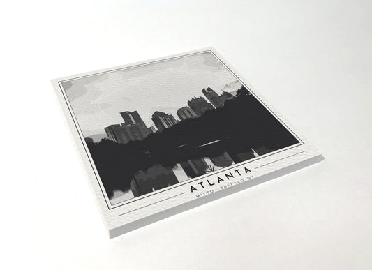 Square poster-style coaster of the Atlanta skyline from Piedmont Park, black-and-white