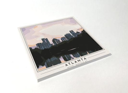 Square poster-style coaster of the Atlanta skyline from Piedmont Park, full-color