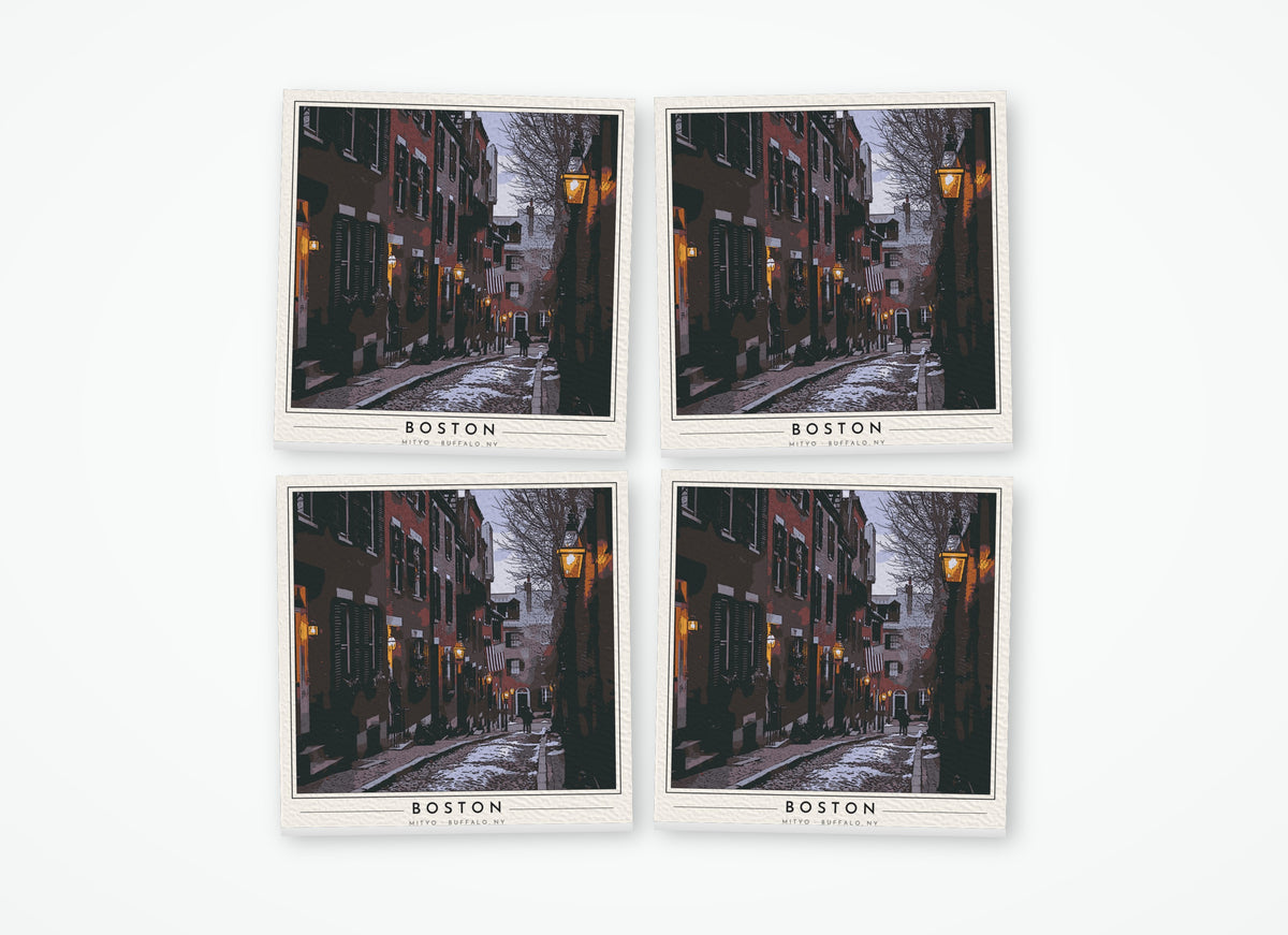 Set of 4 poster-style coasters of Acorn Street on Beacon Hill in Boston, full-color