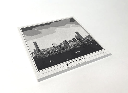 Square poster-style coaster of the Boston skyline, black-and-white