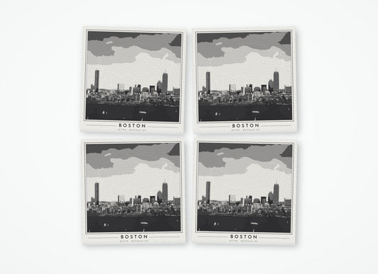 Set of 4 poster-style coasters of the Boston skyline, black-and-white