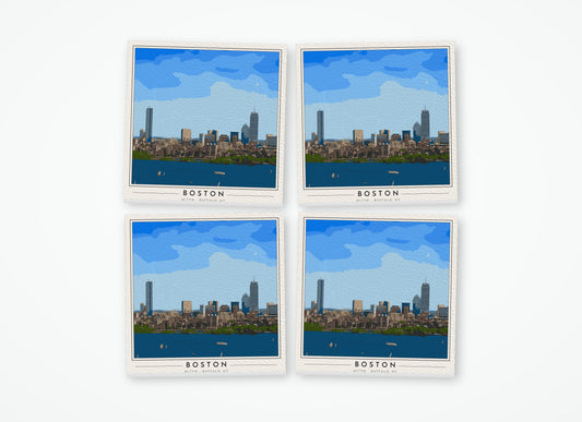 Set of 4 poster-style coasters of the Boston skyline, full-color