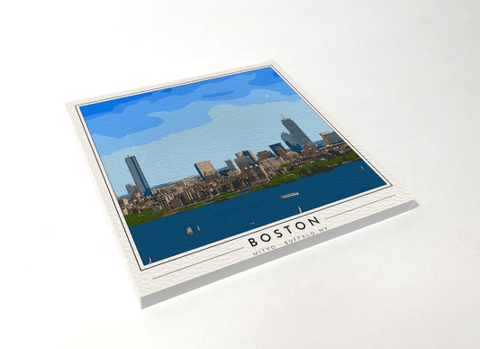 Square poster-style coaster of the Boston skyline, full-color