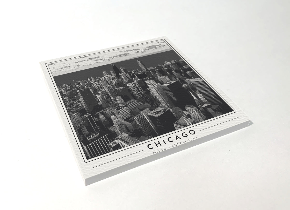 Square poster-style coaster of the Chicago skyline on the Lake Michigan lakefront, black-and-white