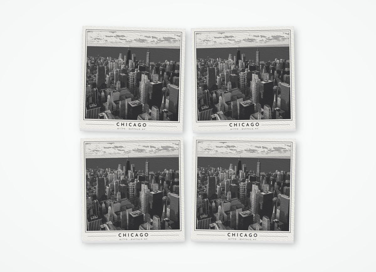 Set of 4 poster-style coasters of the Chicago skyline on the Lake Michigan lakefront, black-and-white