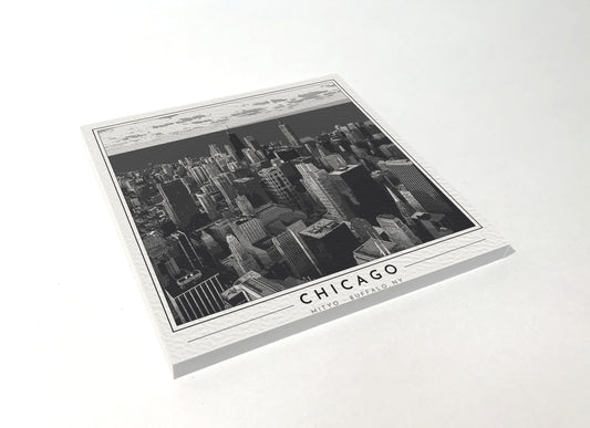 Square poster-style coaster of the Chicago skyline on the Lake Michigan lakefront, black-and-white