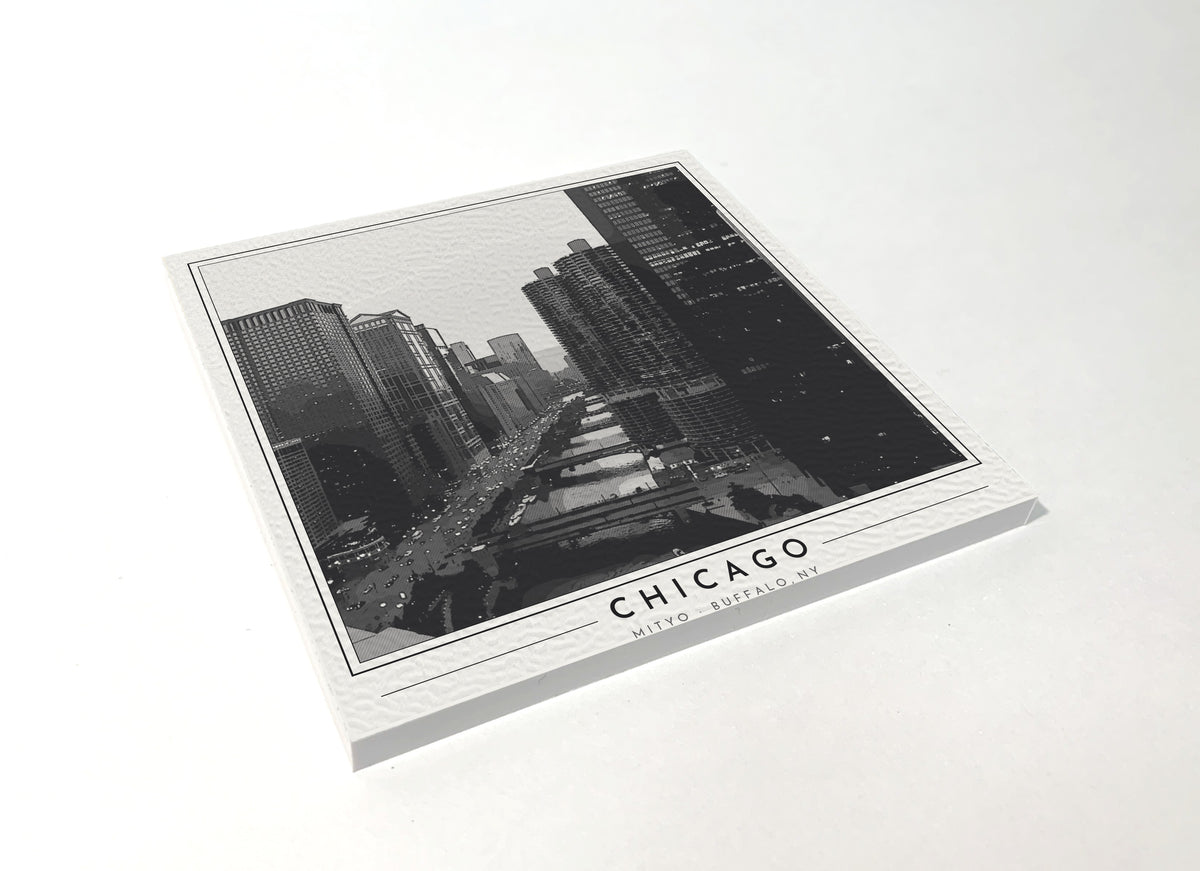 Square poster-style coaster of the Chicago River and downtown towers, black-and-white