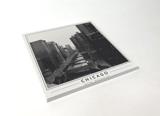 Square poster-style coaster of the Chicago River and downtown towers, black-and-white