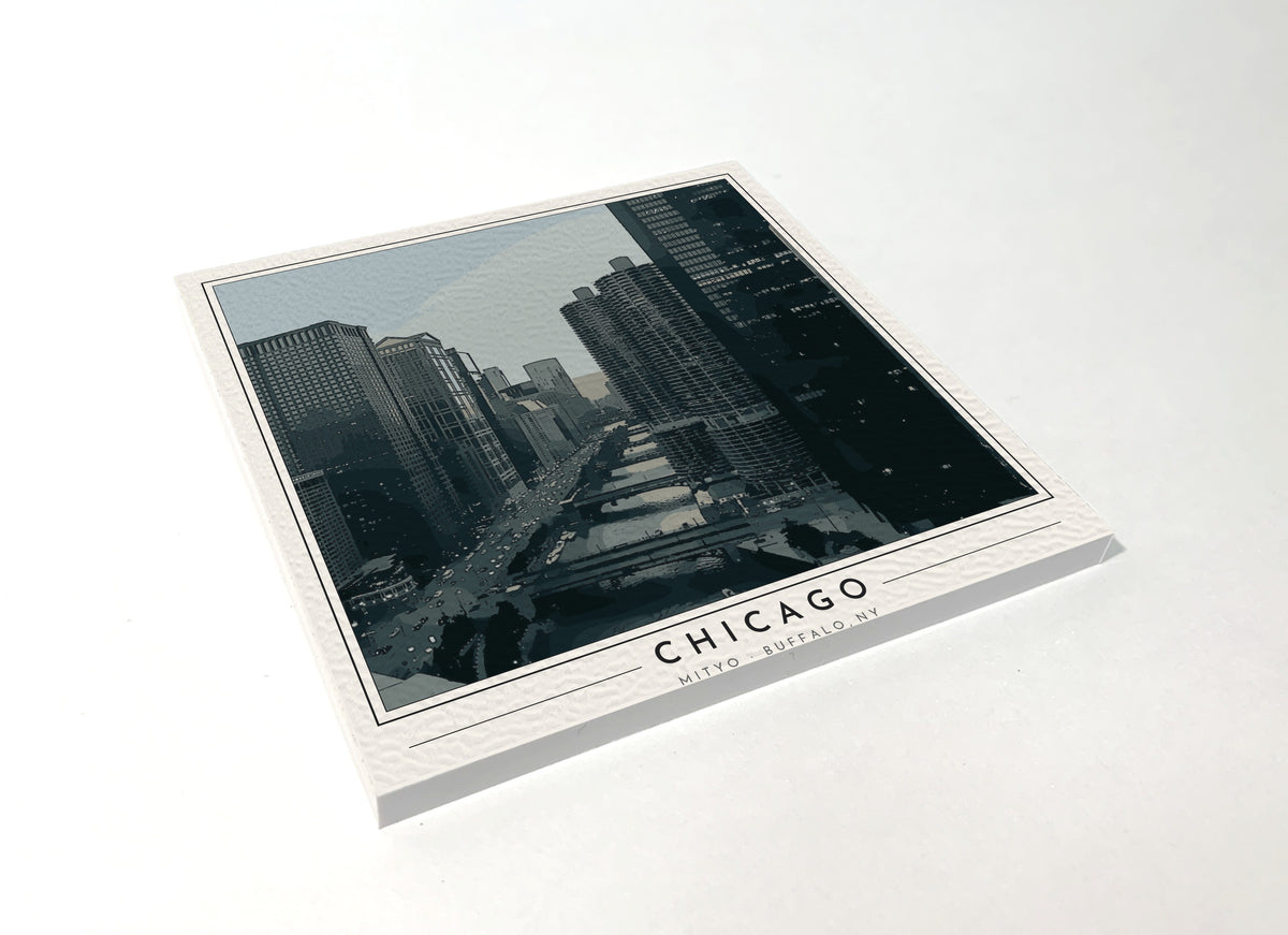 Square poster-style coaster of the Chicago River and downtown towers, full-color