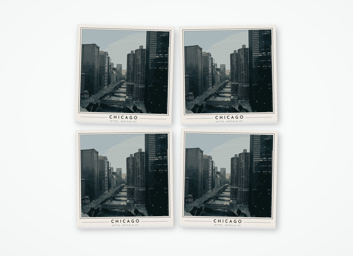 Set of 4 poster-style coasters of the Chicago River and downtown towers, full-color