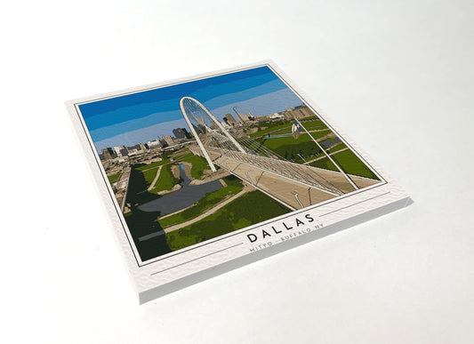 Square poster-style coaster of the Margaret Hunt Hill Bridge in Dallas, full-color