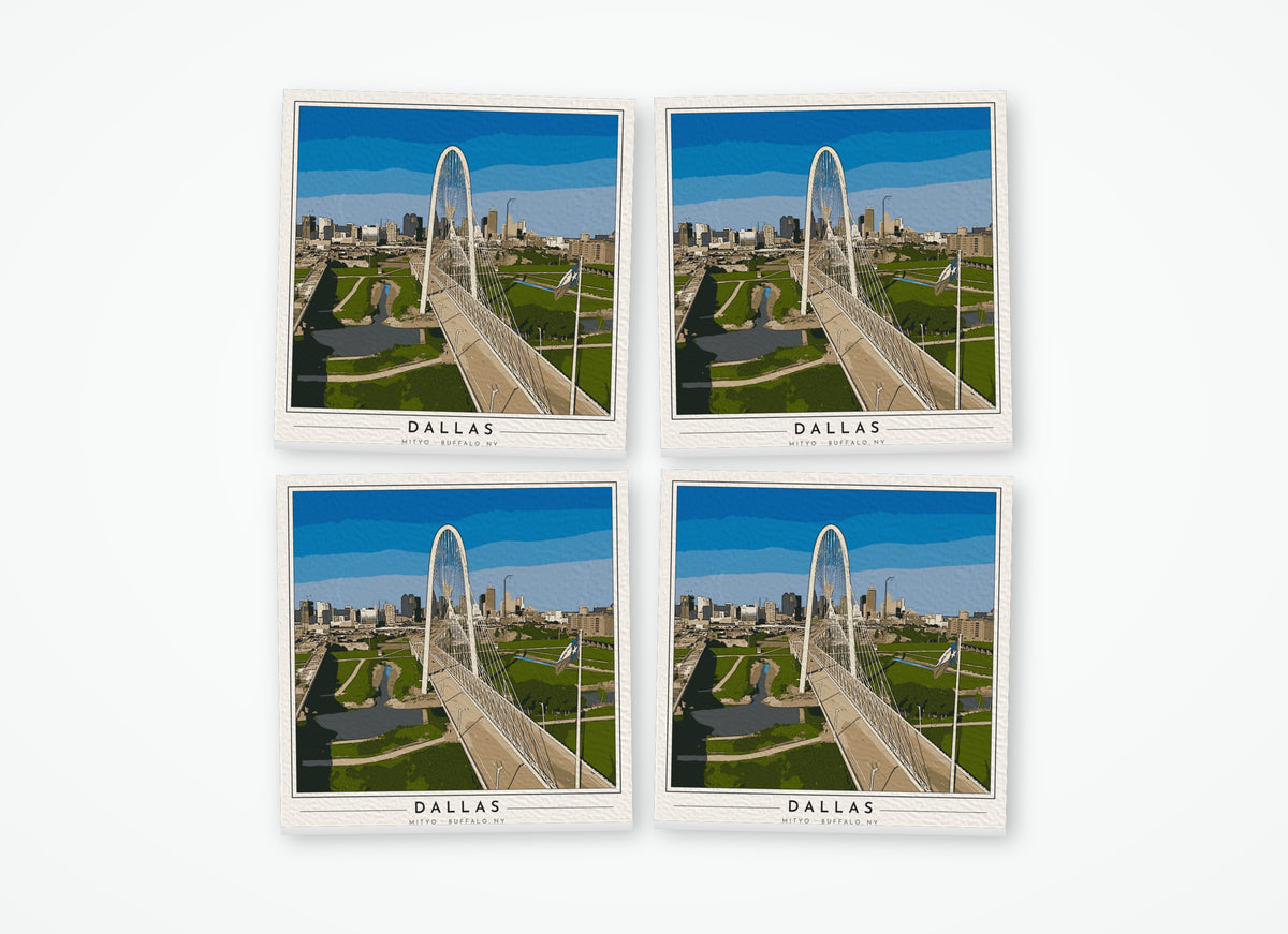 Set of 4 poster-style coasters of the Margaret Hunt Hill Bridge in Dallas, full-color