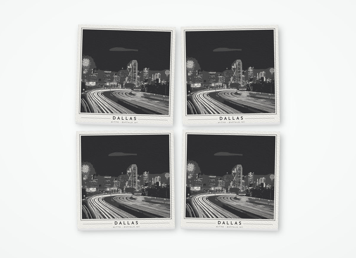 Set of 4 poster-style coasters of the Dallas skyline at night, black-and-white