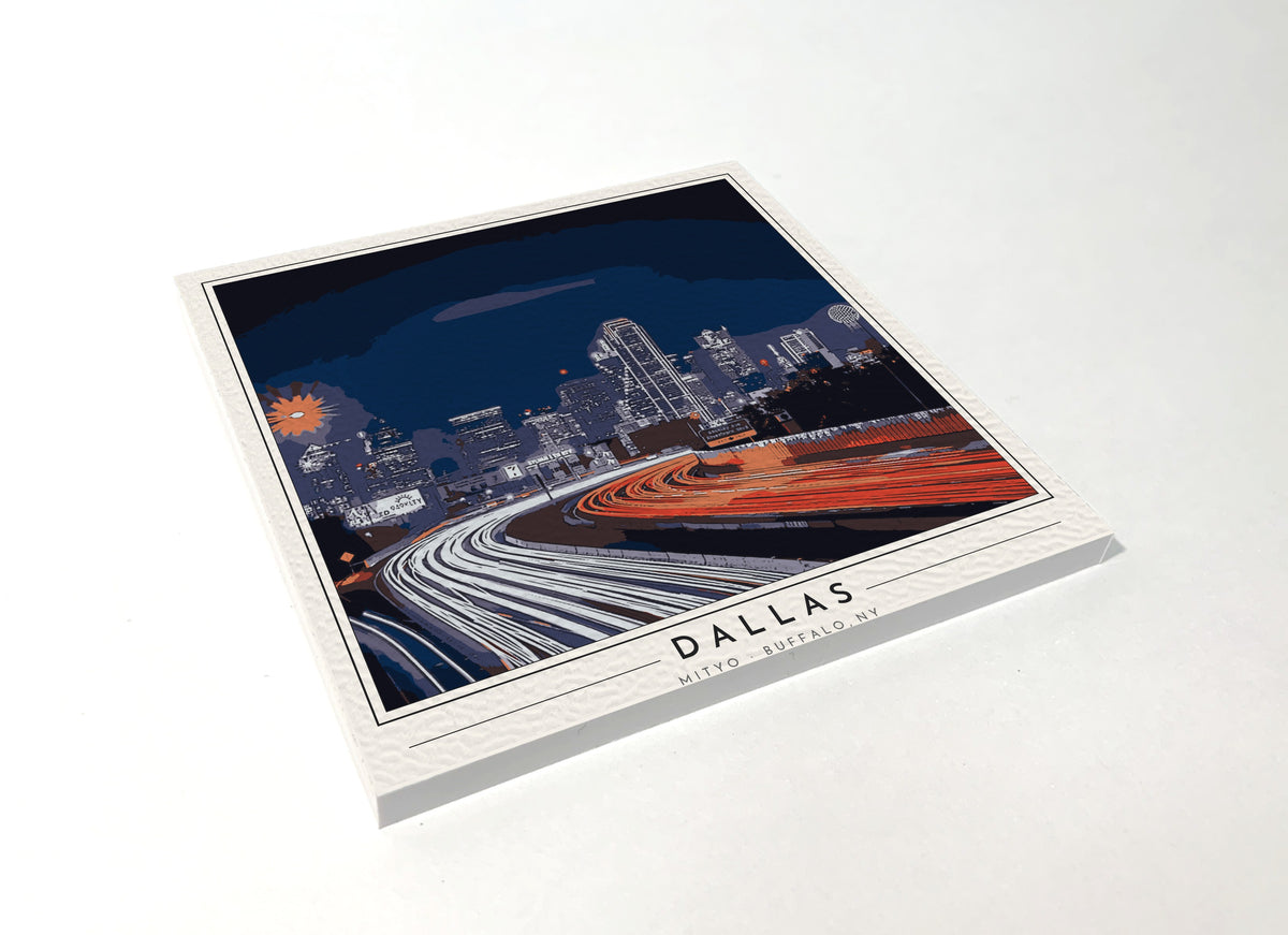 Square poster-style coaster of the Dallas skyline at night, full-color