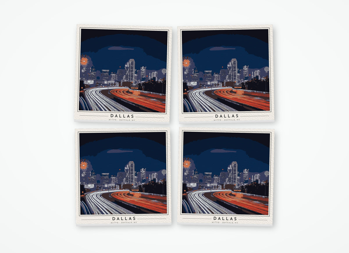 Set of 4 poster-style coasters of the Dallas skyline at night, full-color