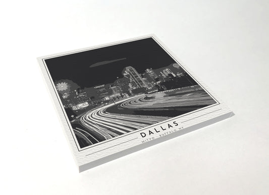 Square poster-style coaster of the Dallas skyline at night, black-and-white