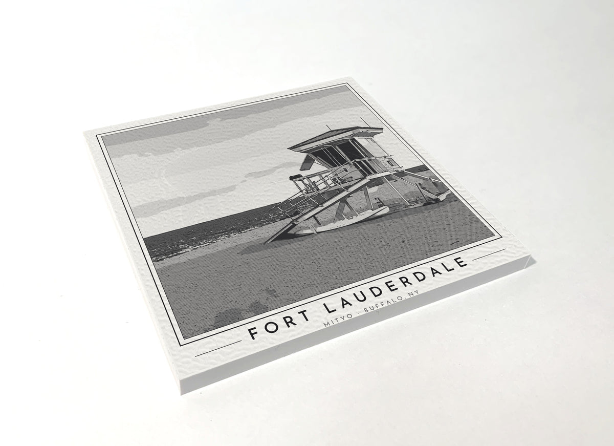Square poster-style coaster of a lifeguard tower on Fort Lauderdale Beach, black-and-white