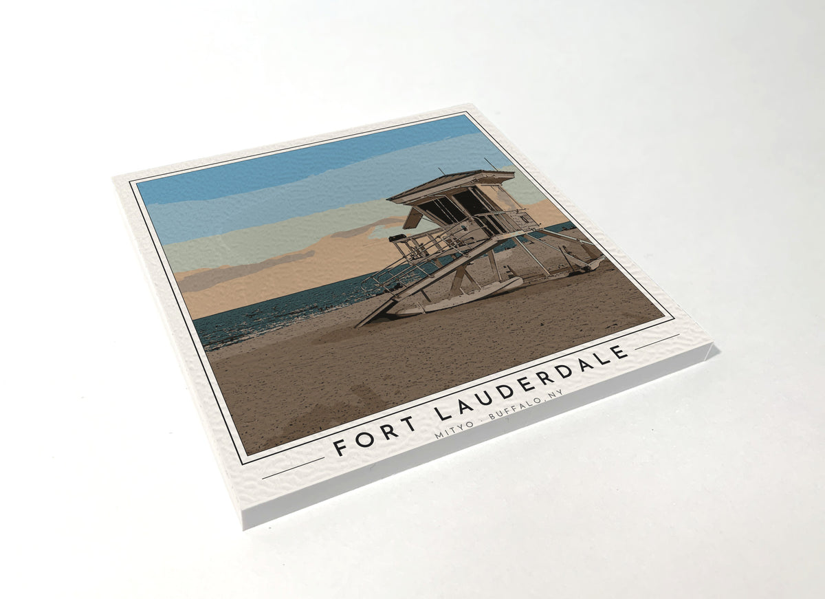 Square poster-style coaster of a lifeguard tower on Fort Lauderdale Beach, full-color