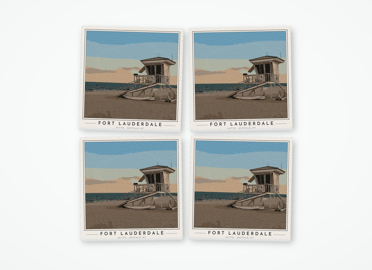 Set of 4 poster-style coasters of a lifeguard tower on Fort Lauderdale Beach, full-color