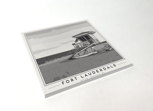 Square poster-style coaster of a lifeguard tower on Fort Lauderdale Beach, black-and-white