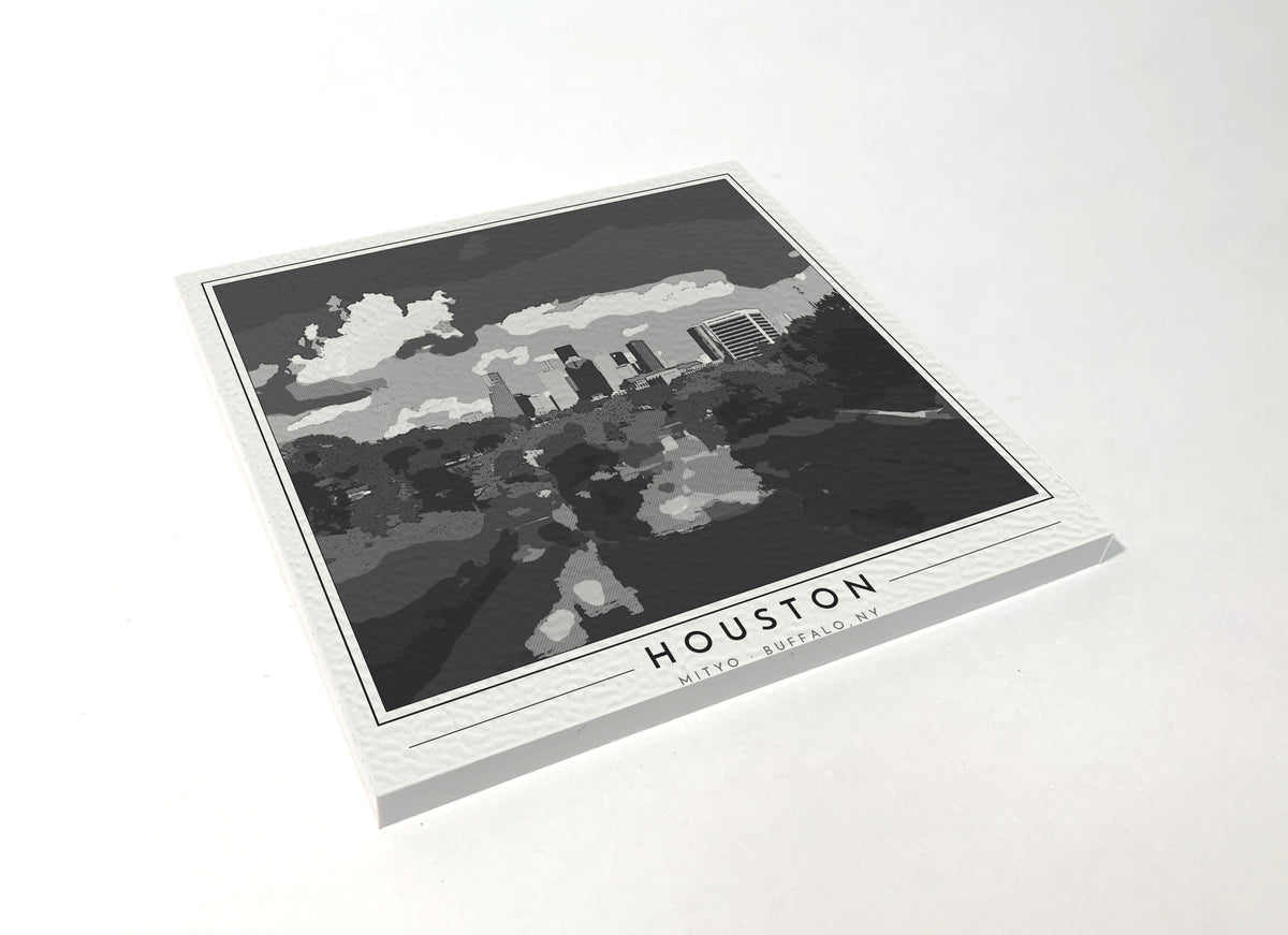 Square poster-style coaster of Buffalo Bayou Park in Houston, black-and-white