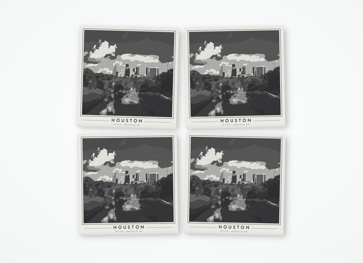 Set of 4 poster-style coasters of Buffalo Bayou Park in Houston, black-and-white