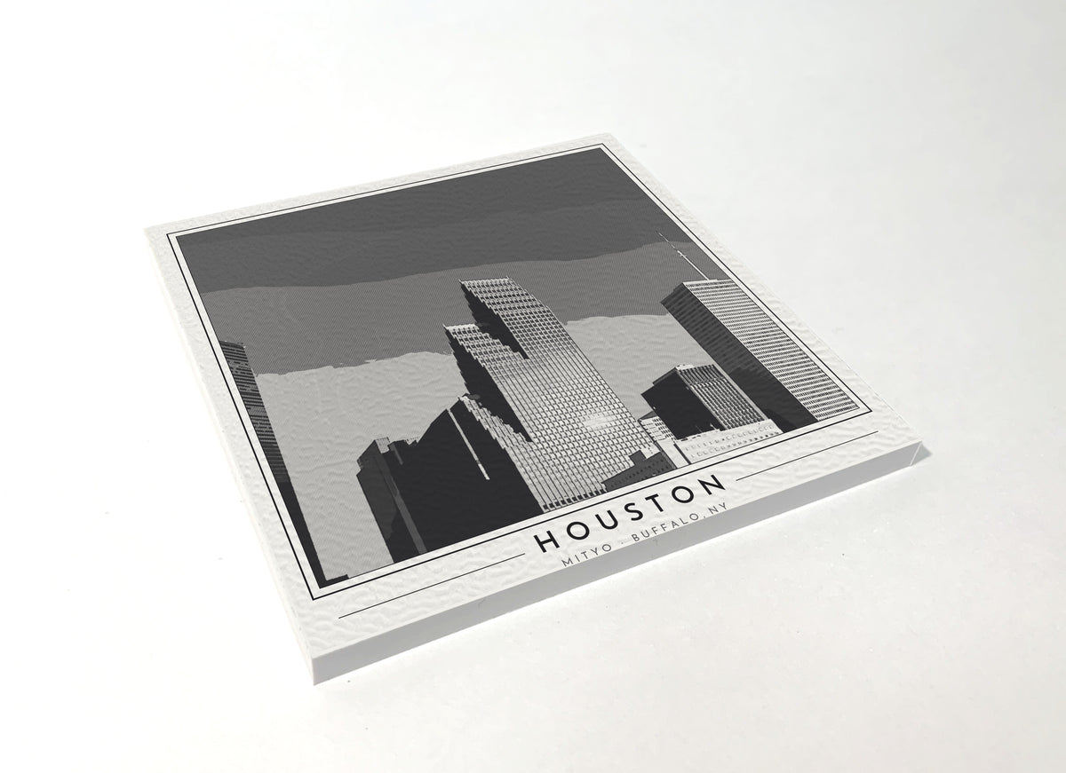 Square poster-style coaster of the Houston skyline, black-and-white