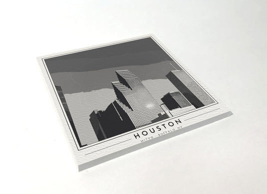 Square poster-style coaster of the Houston skyline, black-and-white