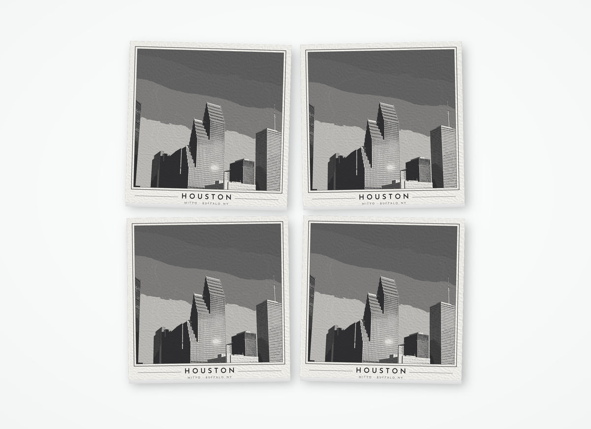 Set of 4 poster-style coasters of the Houston skyline, black-and-white