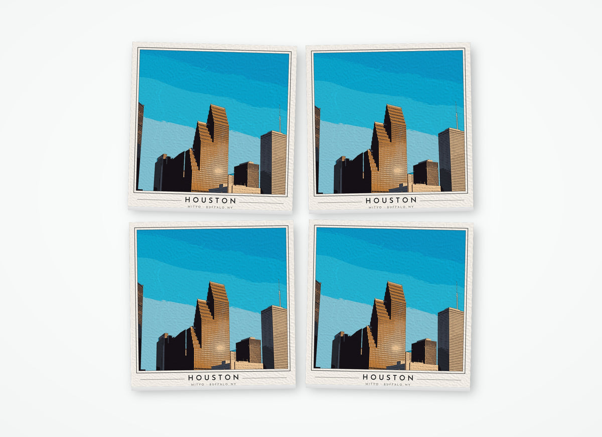 Set of 4 poster-style coasters of the Houston skyline, full-color