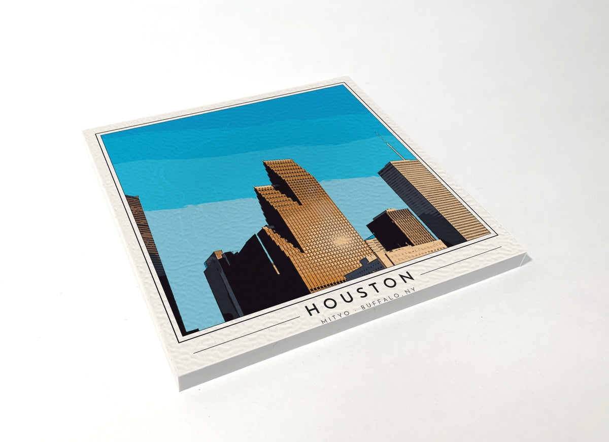Square poster-style coaster of the Houston skyline, full-color