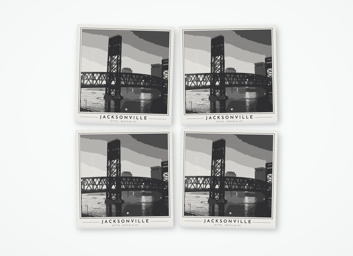 Set of 4 poster-style coasters of the Main Street lift bridge over the St. Johns River in Jacksonville, black-and-white