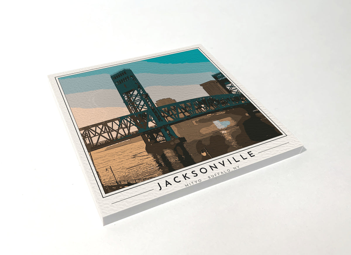 Square poster-style coaster of the Main Street lift bridge over the St. Johns River in Jacksonville, full-color