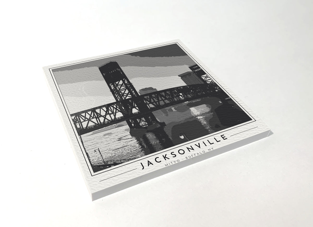 Square poster-style coaster of the Main Street lift bridge over the St. Johns River in Jacksonville, black-and-white
