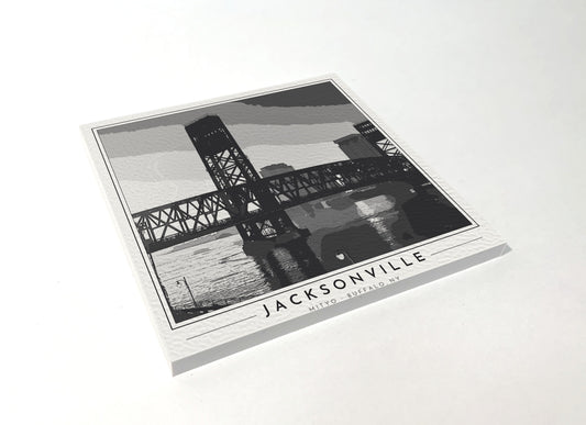 Square poster-style coaster of the Main Street lift bridge over the St. Johns River in Jacksonville, black-and-white