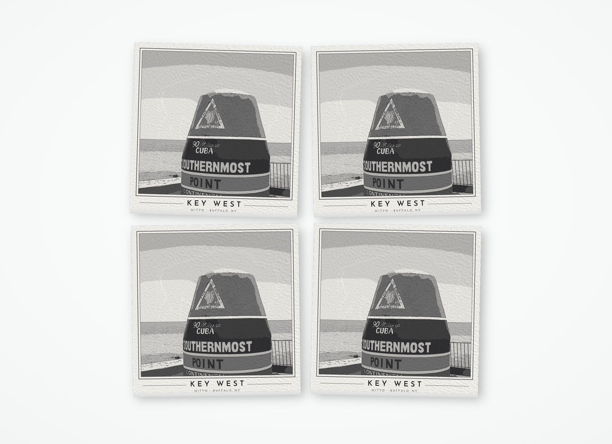 Set of 4 poster-style coasters of the striped Southernmost Point buoy in Key West, black-and-white