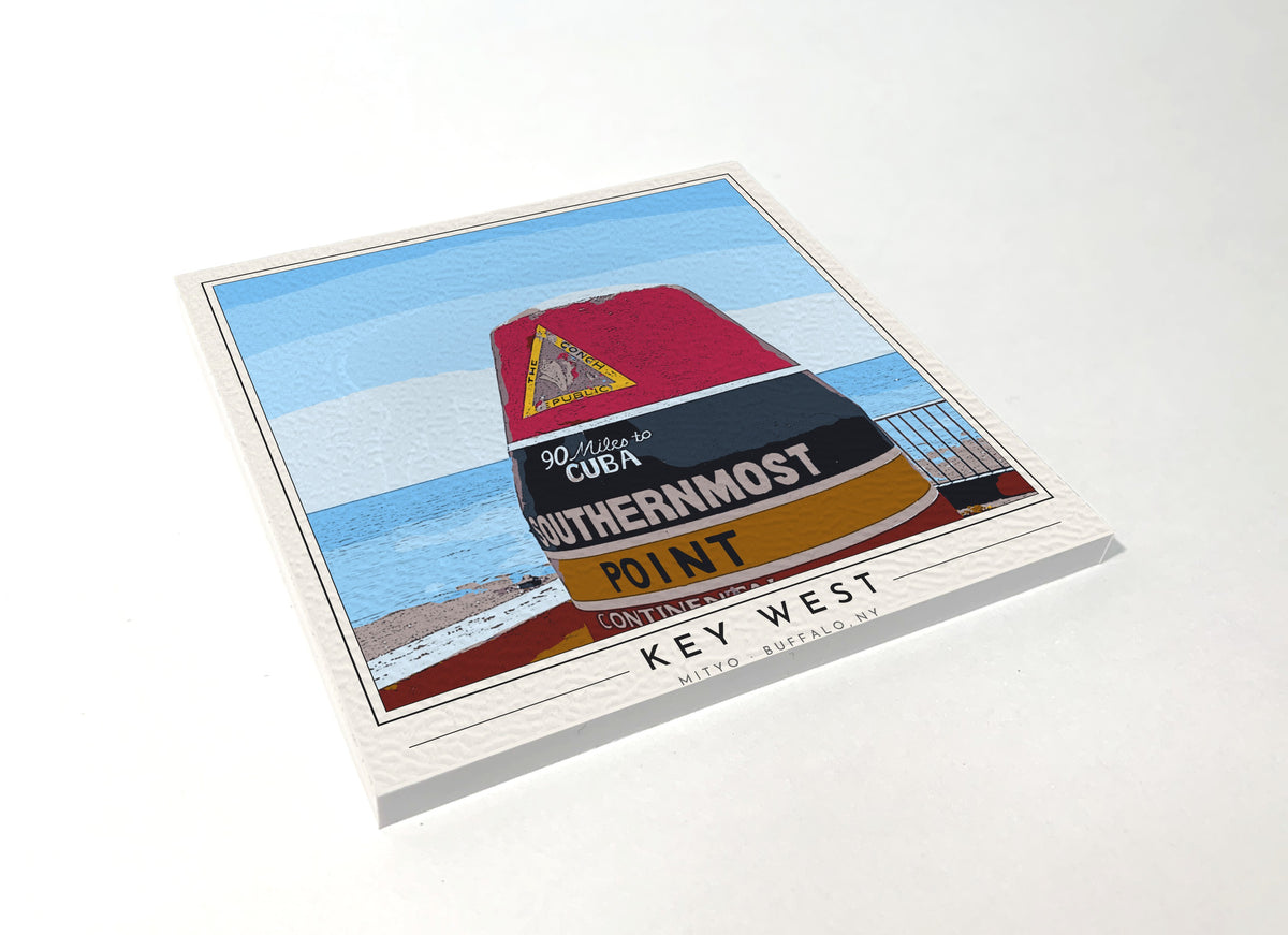 Square poster-style coaster of the striped Southernmost Point buoy in Key West, full-color
