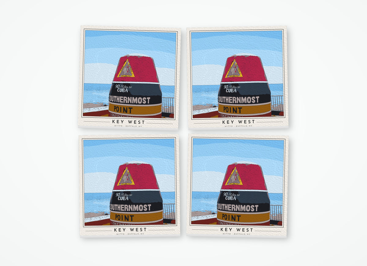 Set of 4 poster-style coasters of the striped Southernmost Point buoy in Key West, full-color
