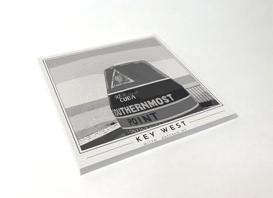Square poster-style coaster of the striped Southernmost Point buoy in Key West, black-and-white