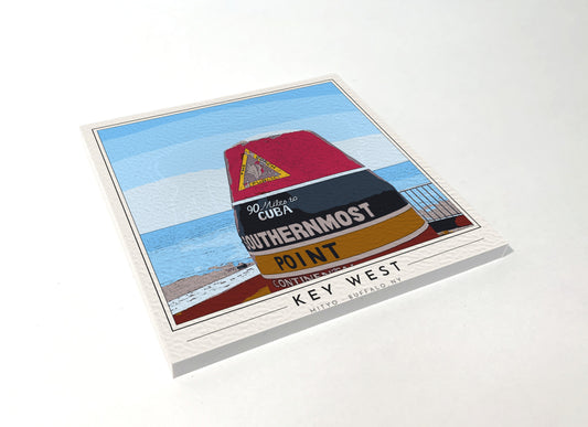 Square poster-style coaster of the striped Southernmost Point buoy in Key West, full-color