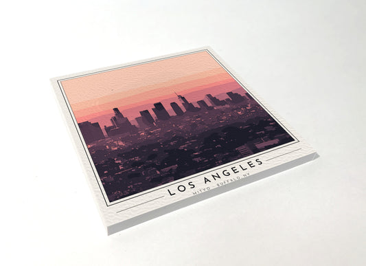 Square poster-style coaster of the downtown Los Angeles skyline, full-color
