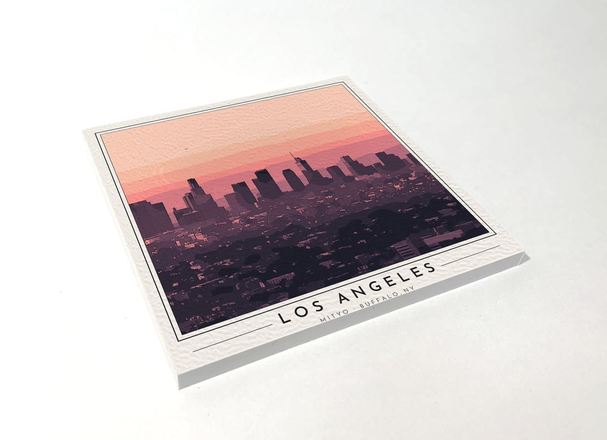 Square poster-style coaster of the downtown Los Angeles skyline, full-color