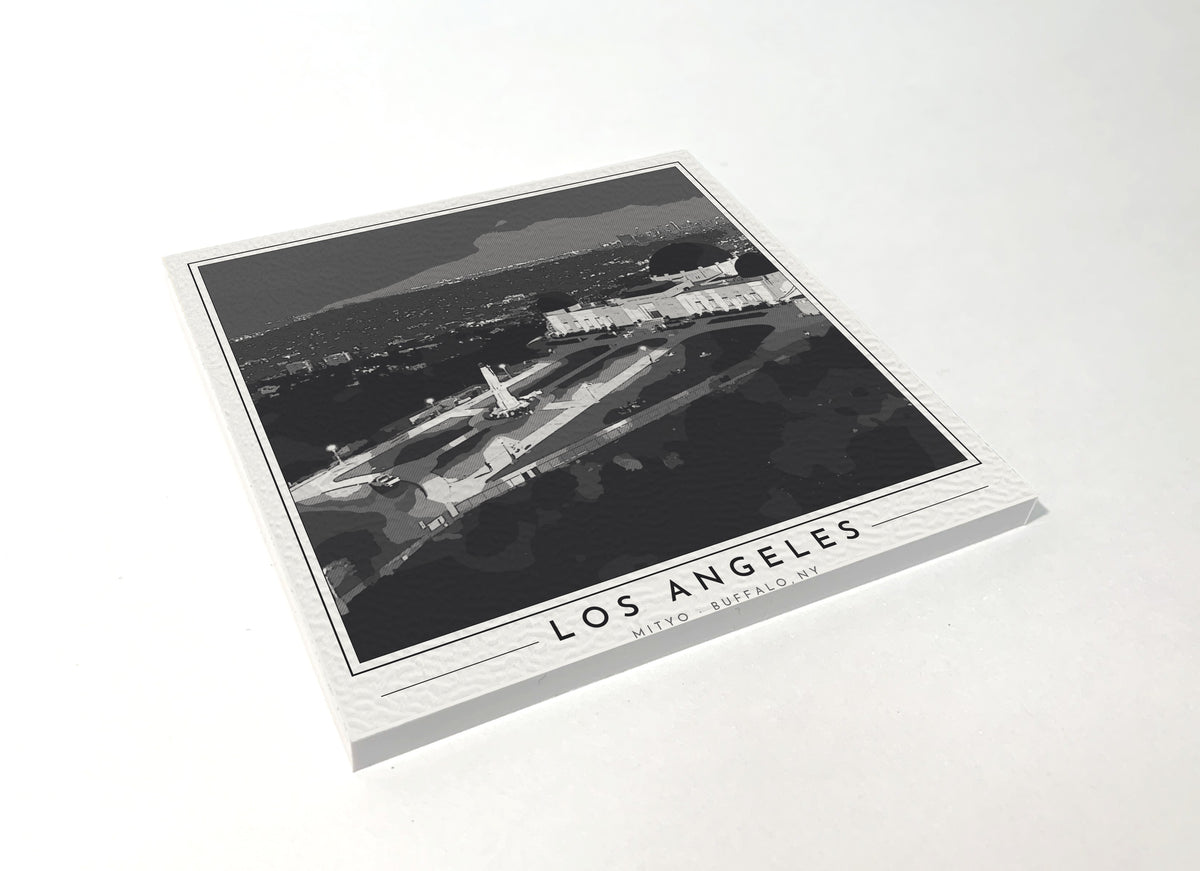 Square poster-style coaster of Griffith Observatory in Los Angeles, black-and-white