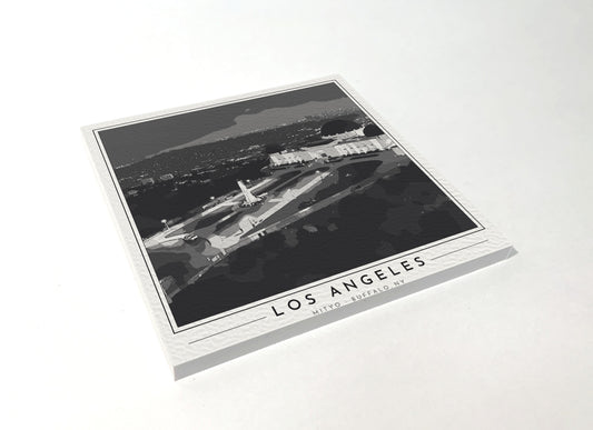 Square poster-style coaster of Griffith Observatory in Los Angeles, black-and-white
