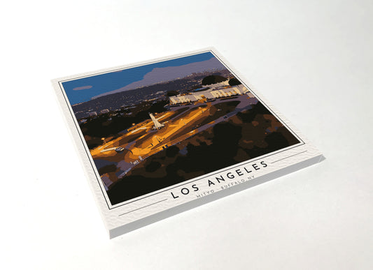 Square poster-style coaster of Griffith Observatory in Los Angeles, full-color