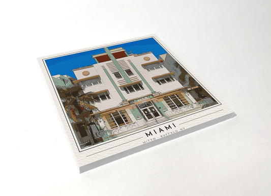 Square poster-style coaster of a pastel Art Deco hotel facade in South Beach, Miami Beach, full-color