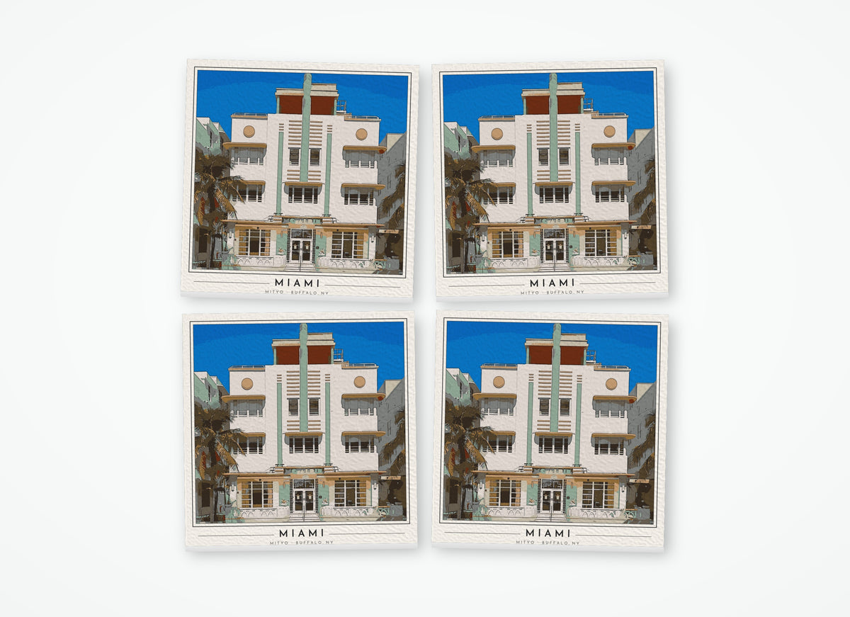 Set of 4 poster-style coasters of a pastel Art Deco hotel facade in South Beach, Miami Beach, full-color