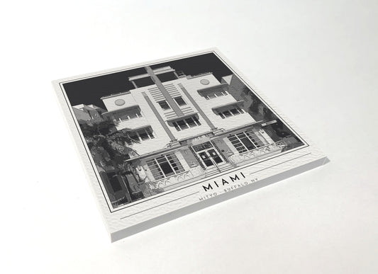 Square poster-style coaster of a pastel Art Deco hotel facade in South Beach, Miami Beach, black-and-white