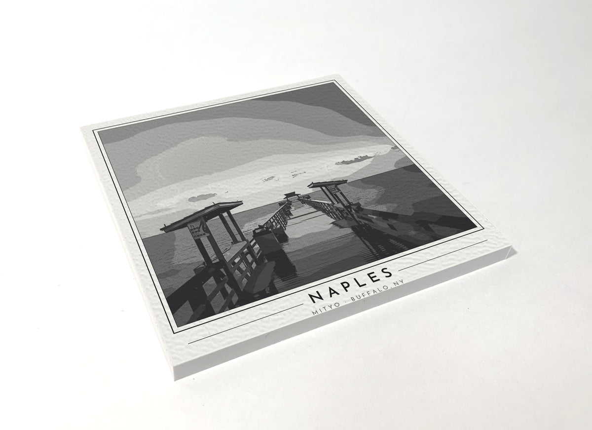 Square poster-style coaster of the Naples Pier stretching into the Gulf of Mexico at sunset, black-and-white
