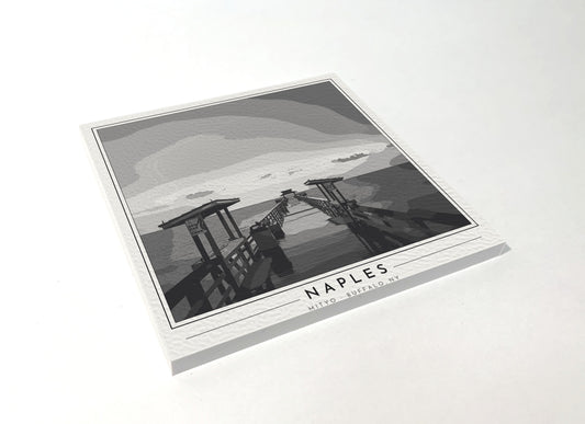 Square poster-style coaster of the Naples Pier stretching into the Gulf of Mexico at sunset, black-and-white